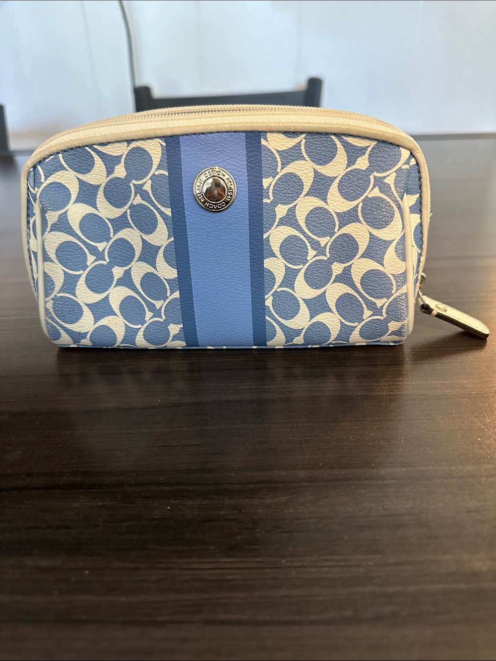 Coach Blue and Cream Signature Stripe Cosmetic Pouch